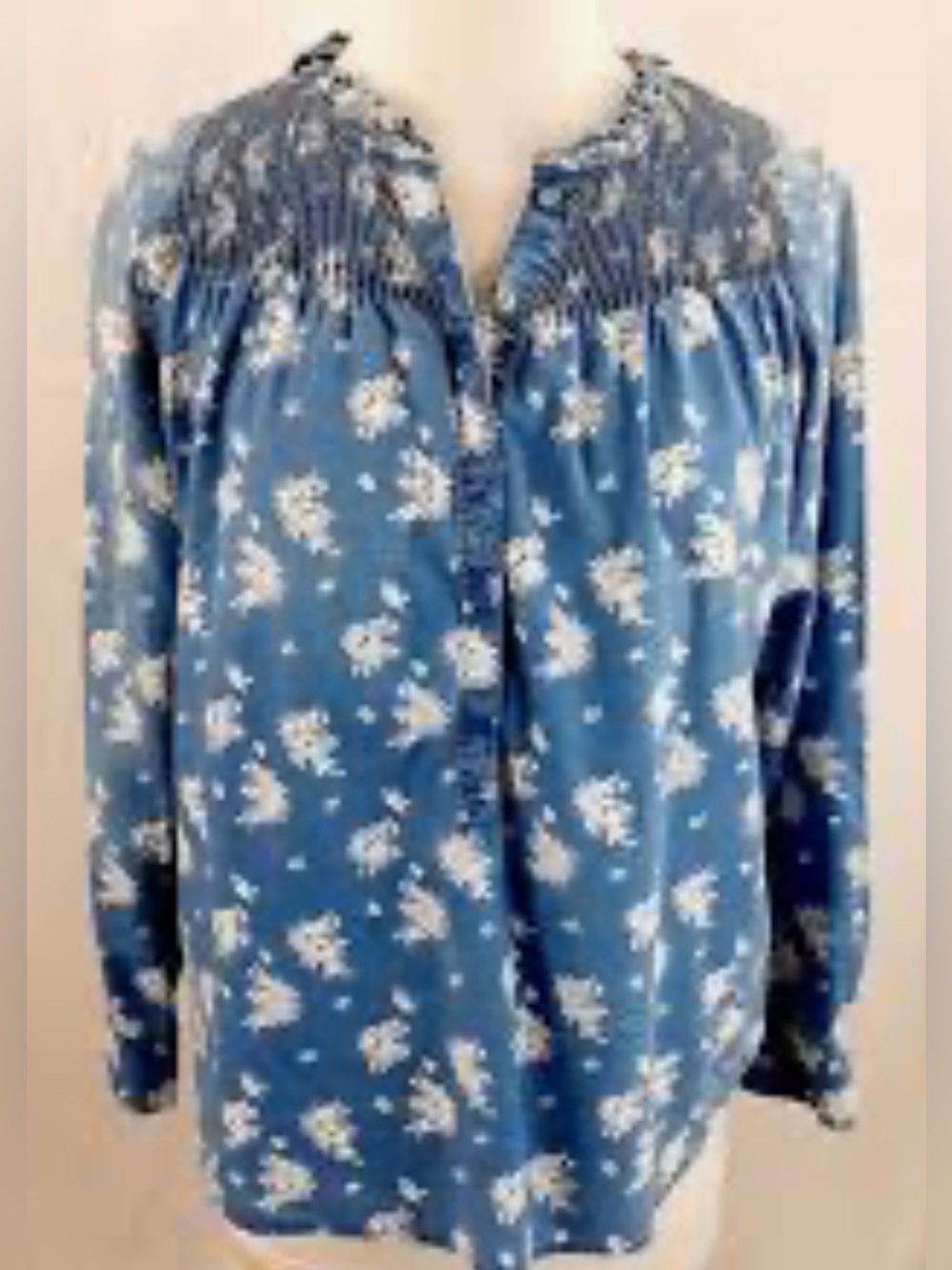 NWT J.Crew Blue White Floral Smocked Yoke Ruffle Neck Blouse Long Sleeve Top 8